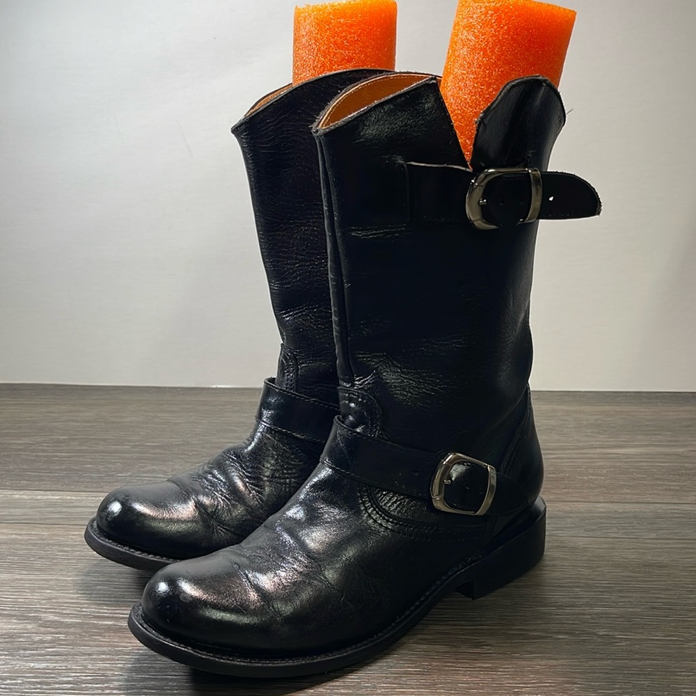 Black Leather Ankle Engineer Boots - Classic Women's Booties